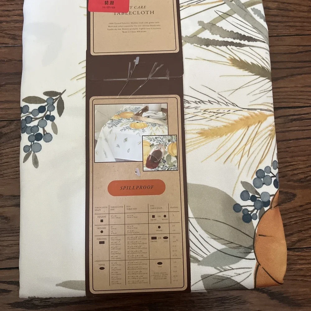 Well Dressed Home Easy Care Tablecloth Pumpkin Leaves Cattails Oblong 60